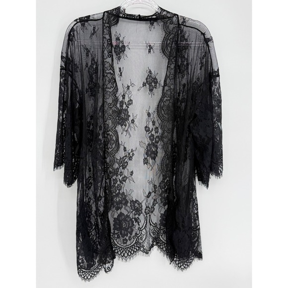 Avidlove Other - Avidlove Womens Black Floral Lace Sheer Kimono Robe Cover Up Eyelash Trim Sz M
